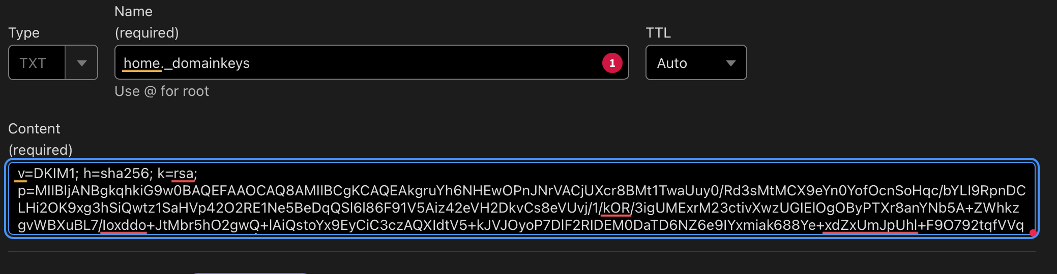 Screen Capture showing the home._domainkeys public key being published via the cloudflare dashboard